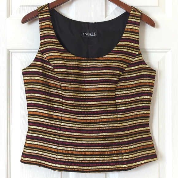Xscape 90's Vintage Metallic Lurex Striped Cropped Scoop Neck Tank Top Gold 12 - Picture 1 of 10